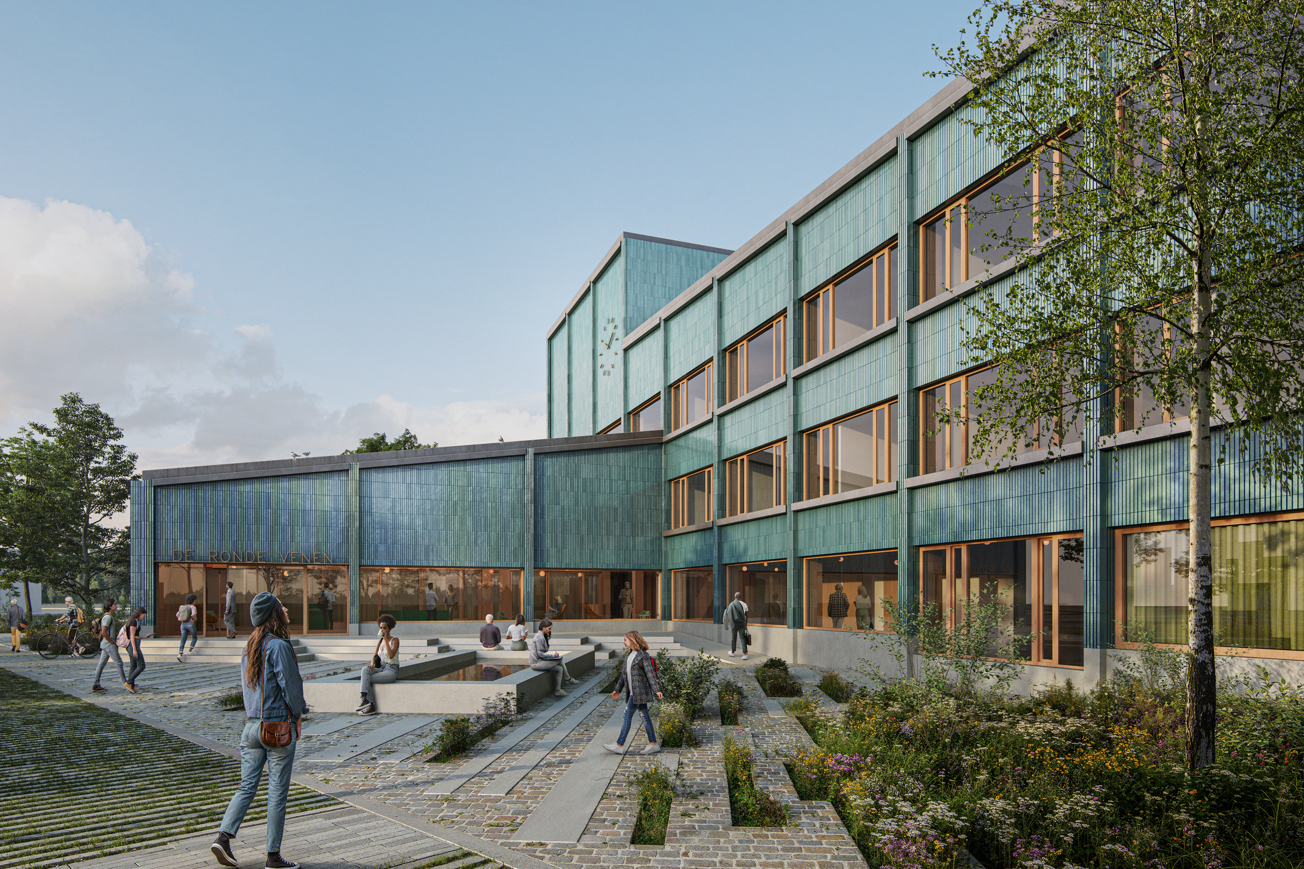 Afbeelding van het nieuwe gemeentehuis aan de Vermogenweg, gezien vanuit de polder (oostzijde). Het gebouw heeft op de tekening deels 3 en deels 4 bouwlagen.