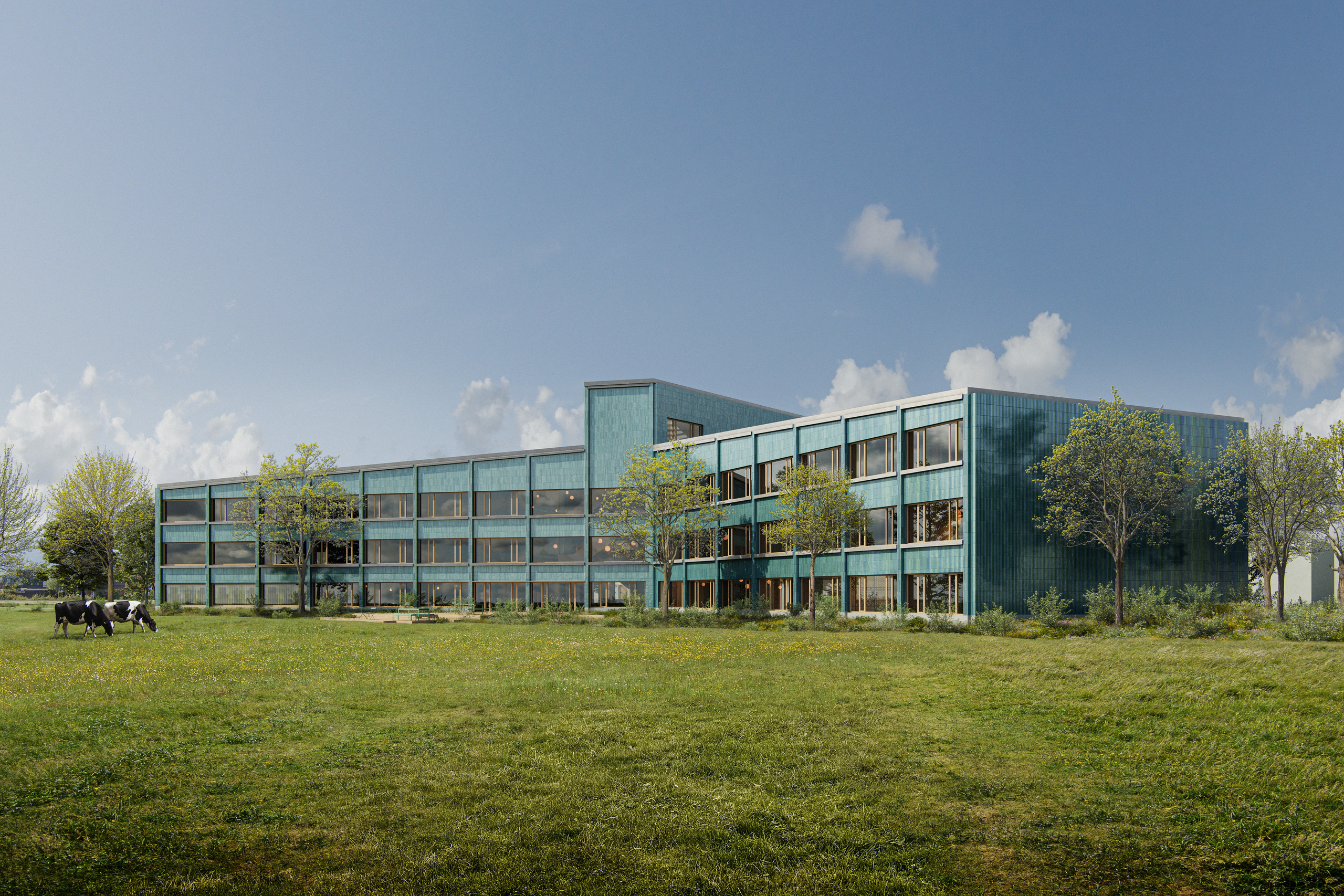 Afbeelding van het nieuwe gemeentehuis aan de Vermogenweg, met de entree. Het gebouw heeft op de tekening deels 3 en deels 4 bouwlagen.