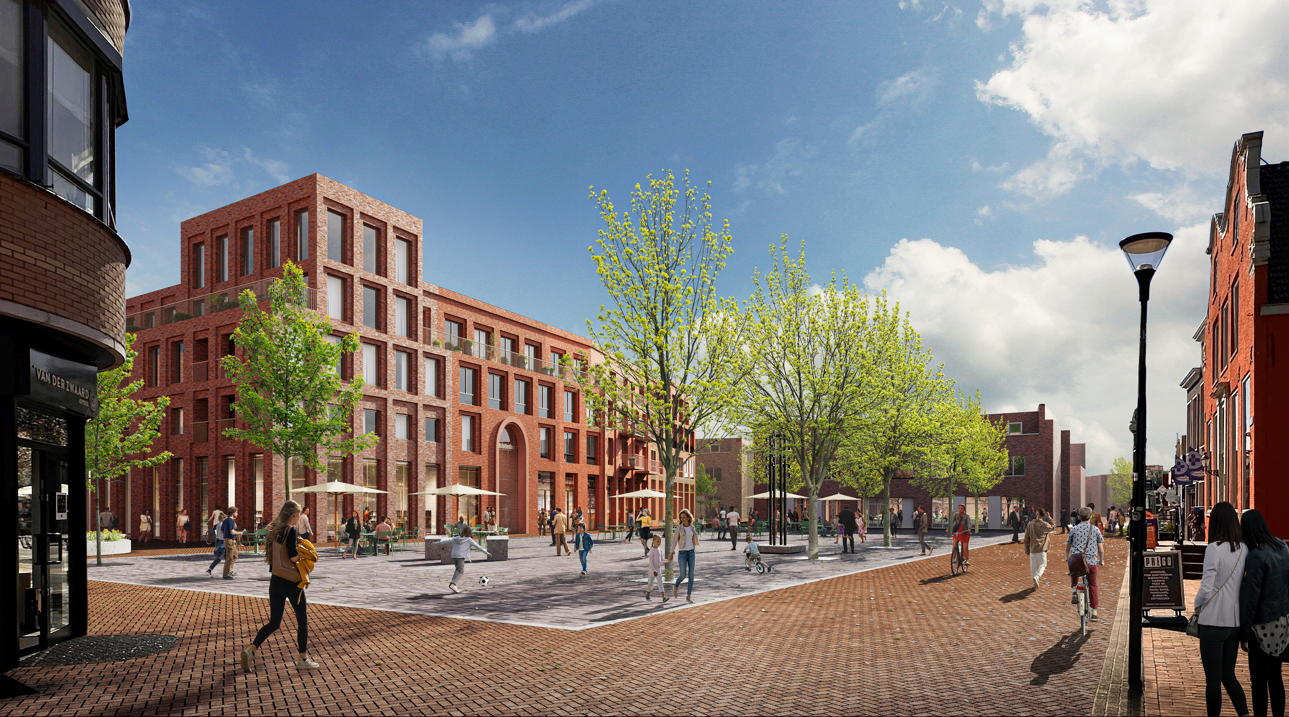 Visualisatie van hoe het Raadhuisplein er in de toekomst mogelijk uit komt te zien.